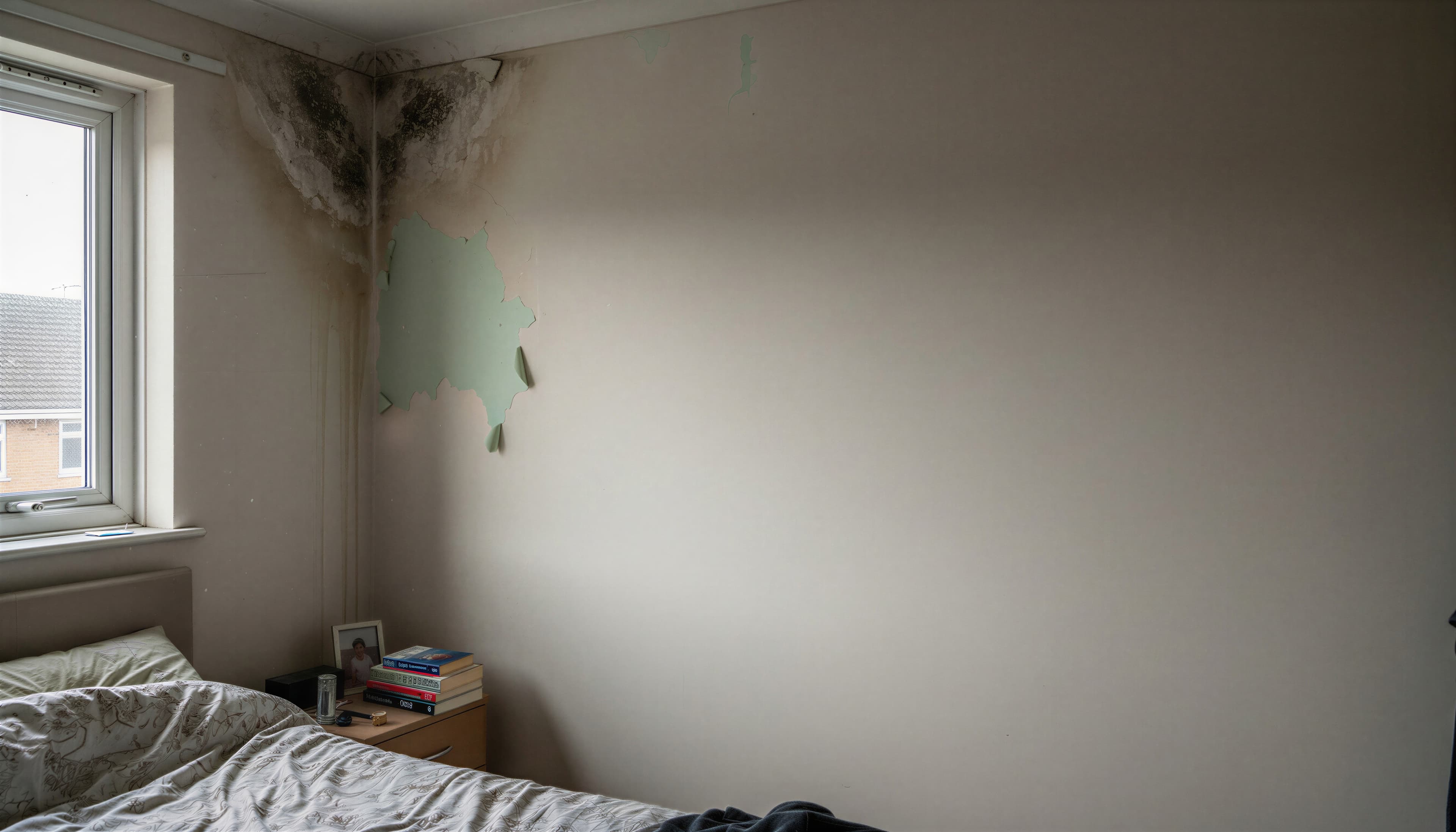 Bedroom in a council home with black mould, damp stains and peeling paint