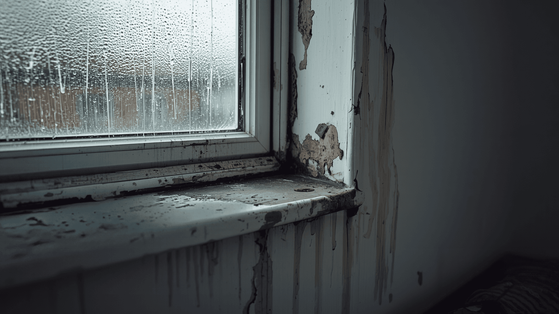 Condensation on a window with mould growing along the frame and seal