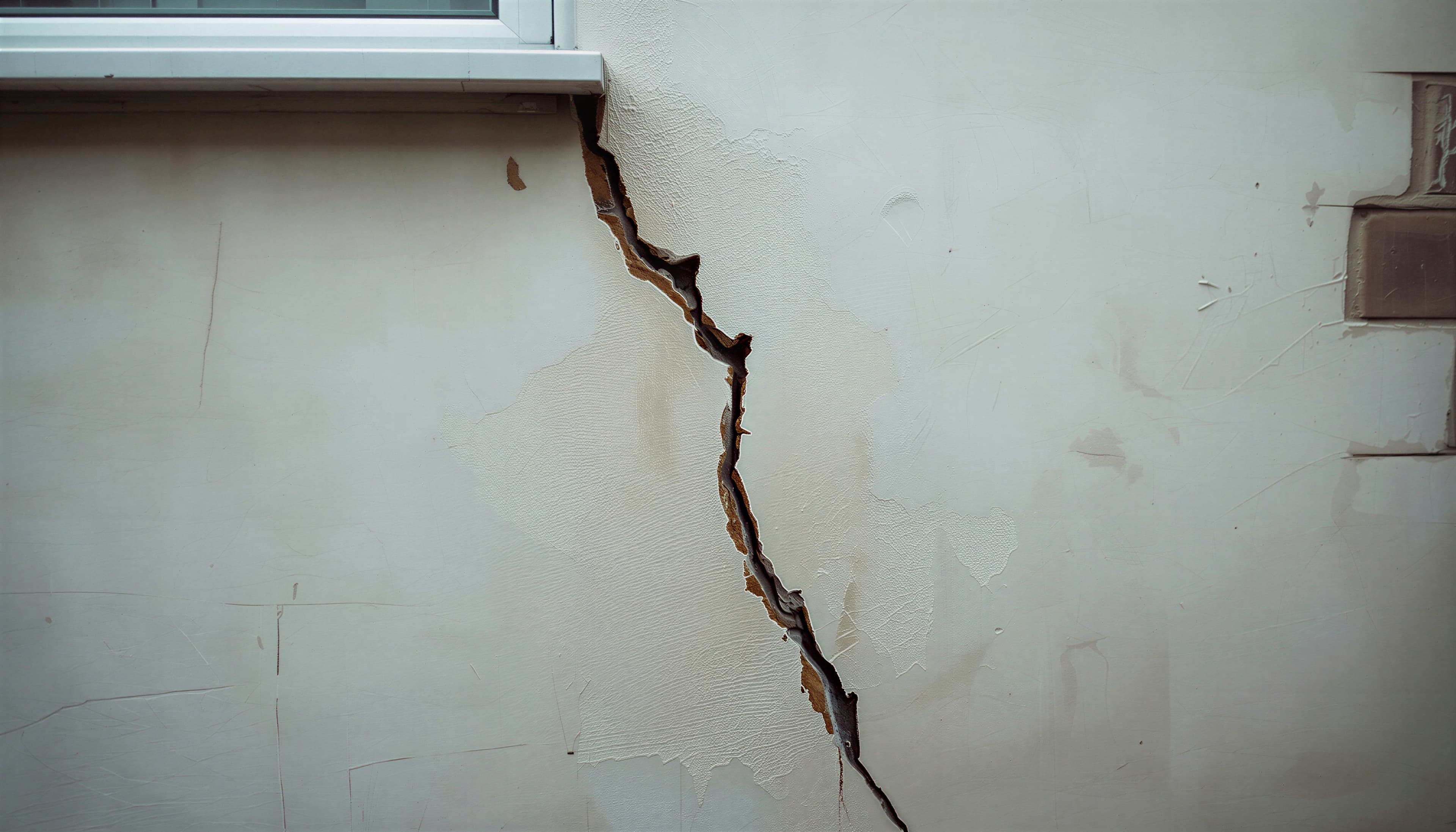 A wide diagonal crack in the rendered wall of a house below a windowsill