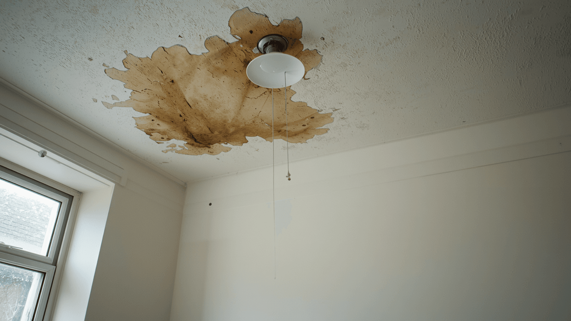 Water stain and peeling paint on a bedroom ceiling from a roof leak