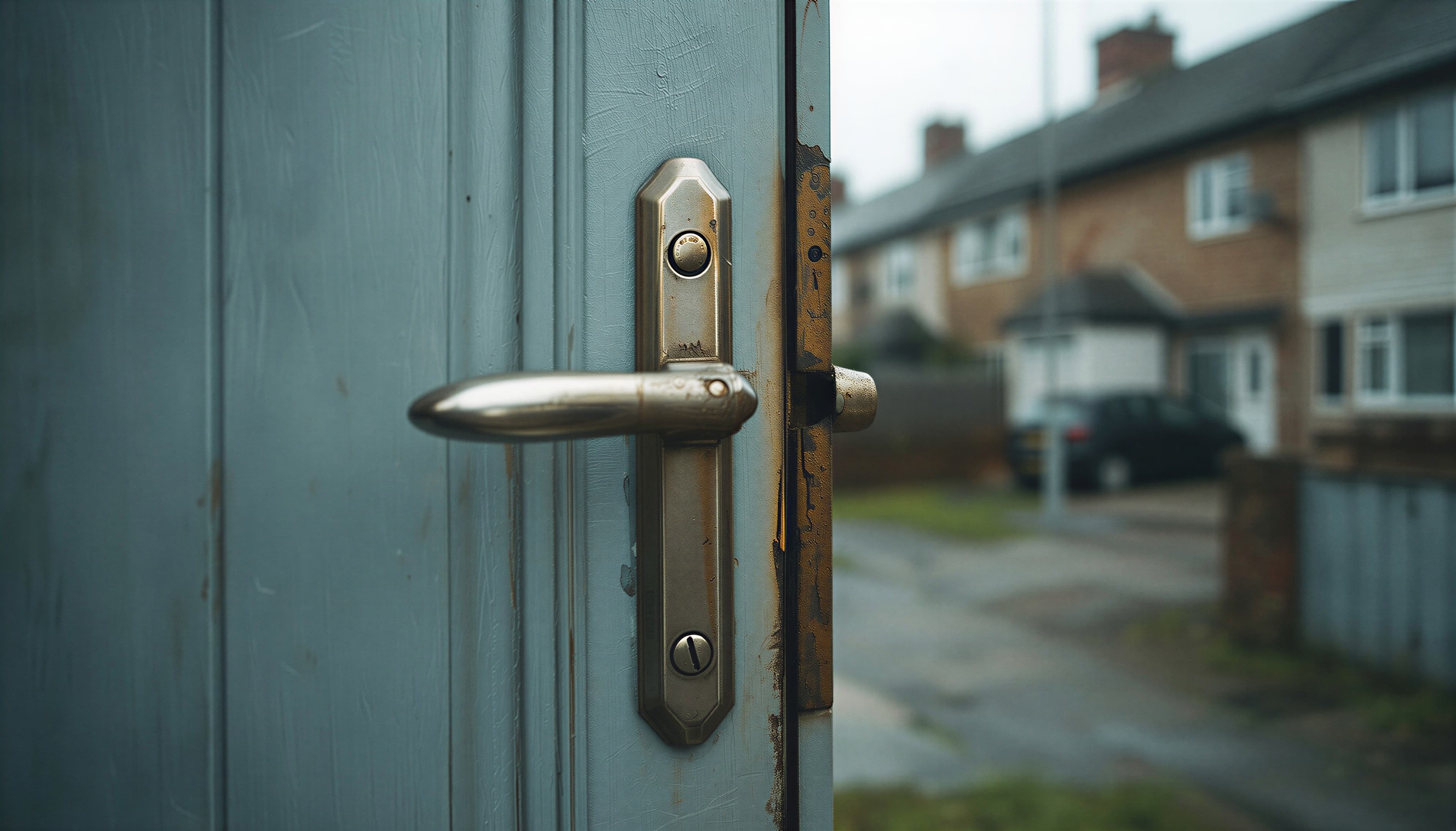A worn metal door handle and lock on a light blue door left slightly ajar, with a residential street behind