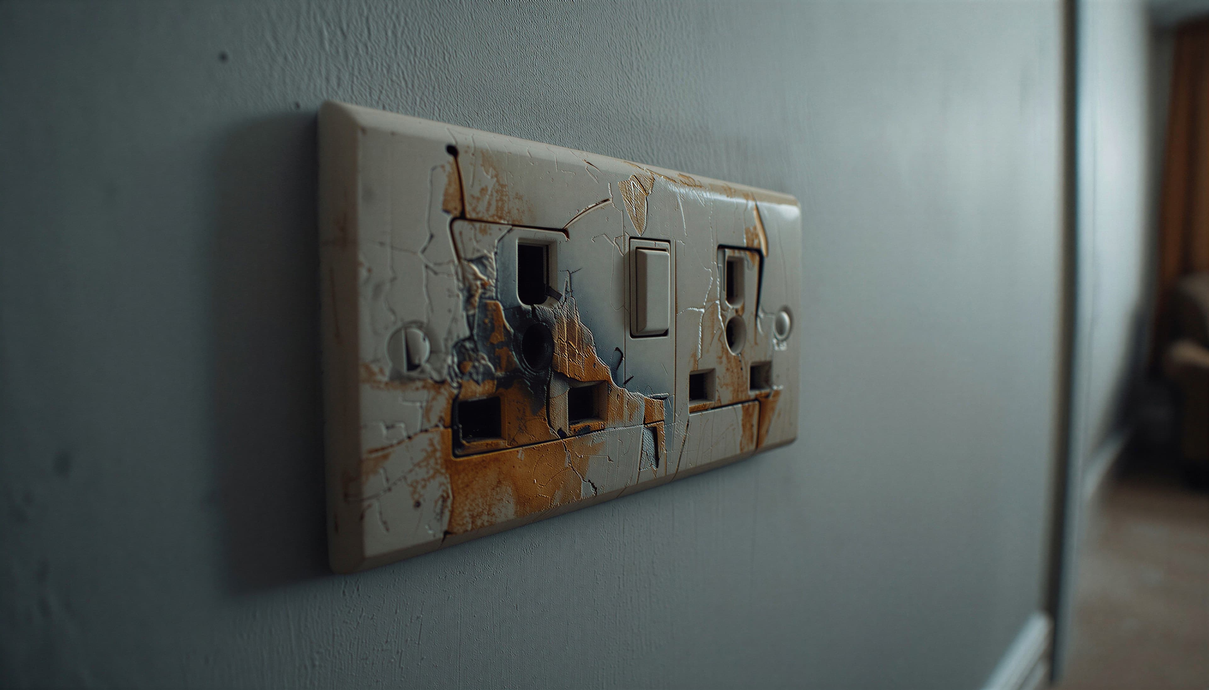 A cracked electrical socket with a scorch mark around the plug.