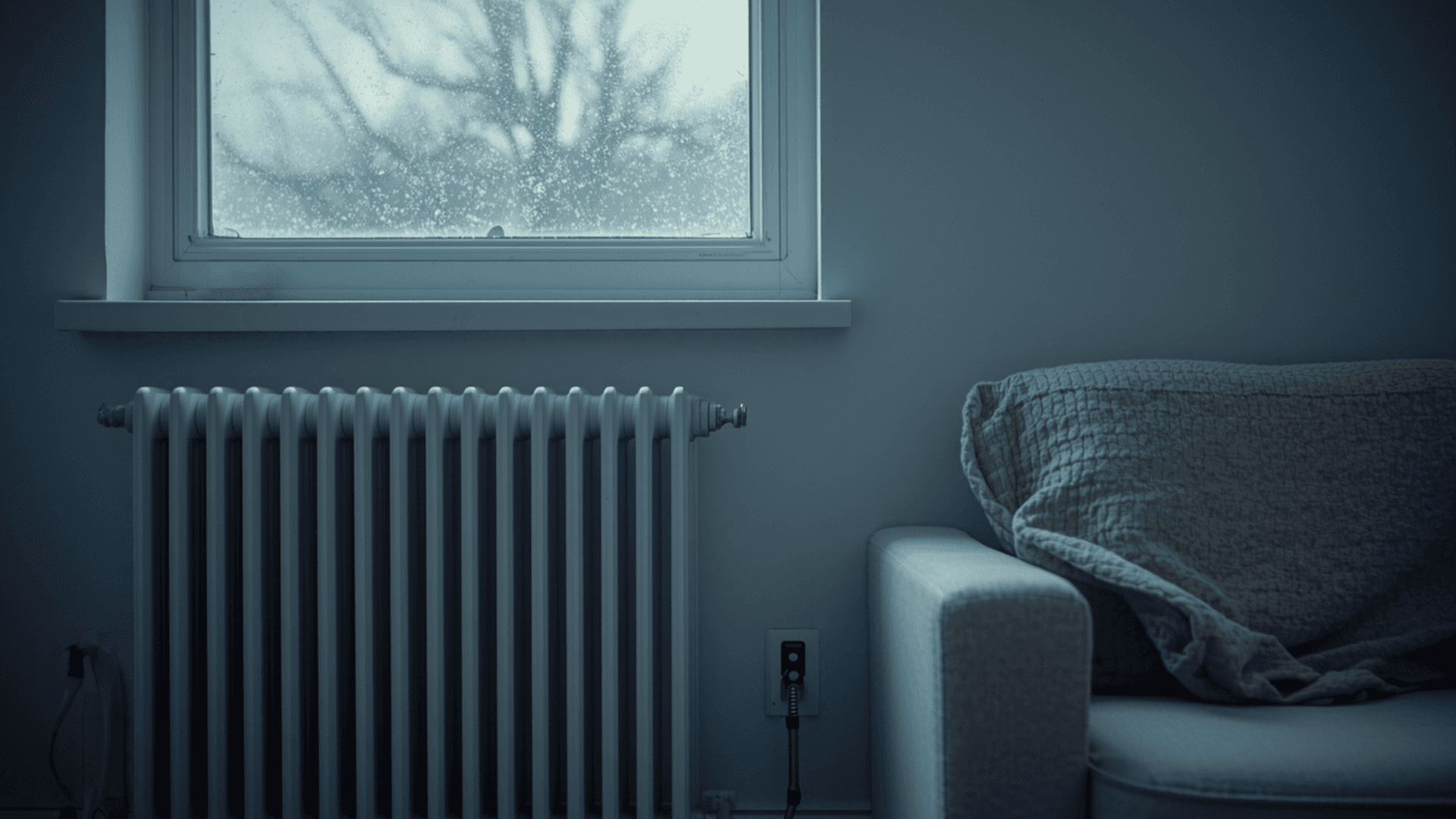 Cold radiator under a frosty window with a thermometer showing a low reading