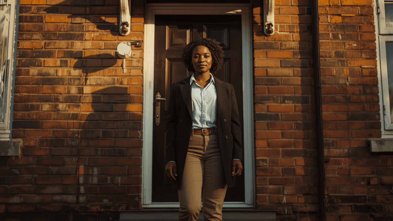 Black British woman standing at the front door of her council or housing association home