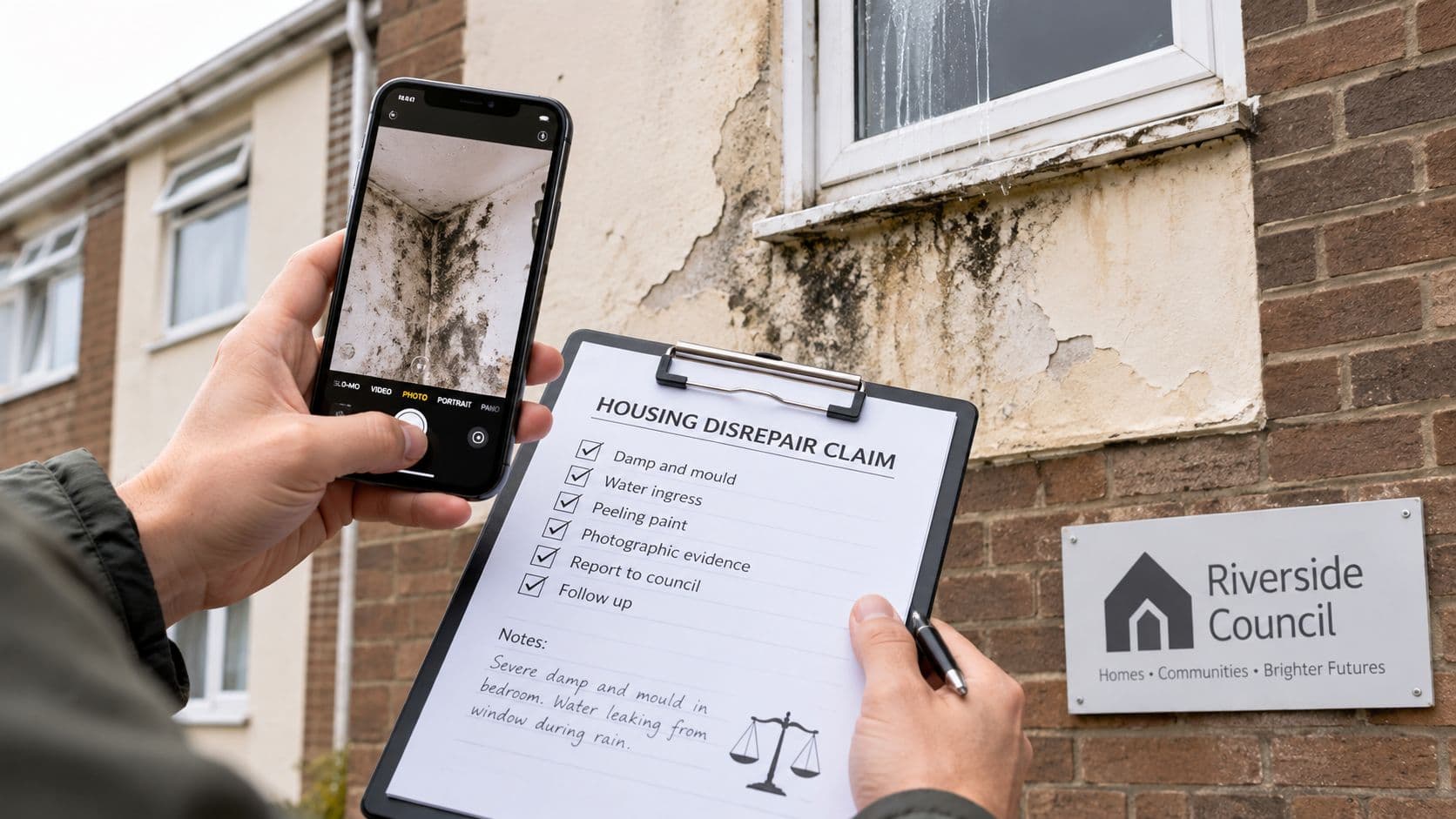 A tenant photographing black mould and damp on the exterior wall of a council property while holding a housing disrepair claim checklist on a clipboard