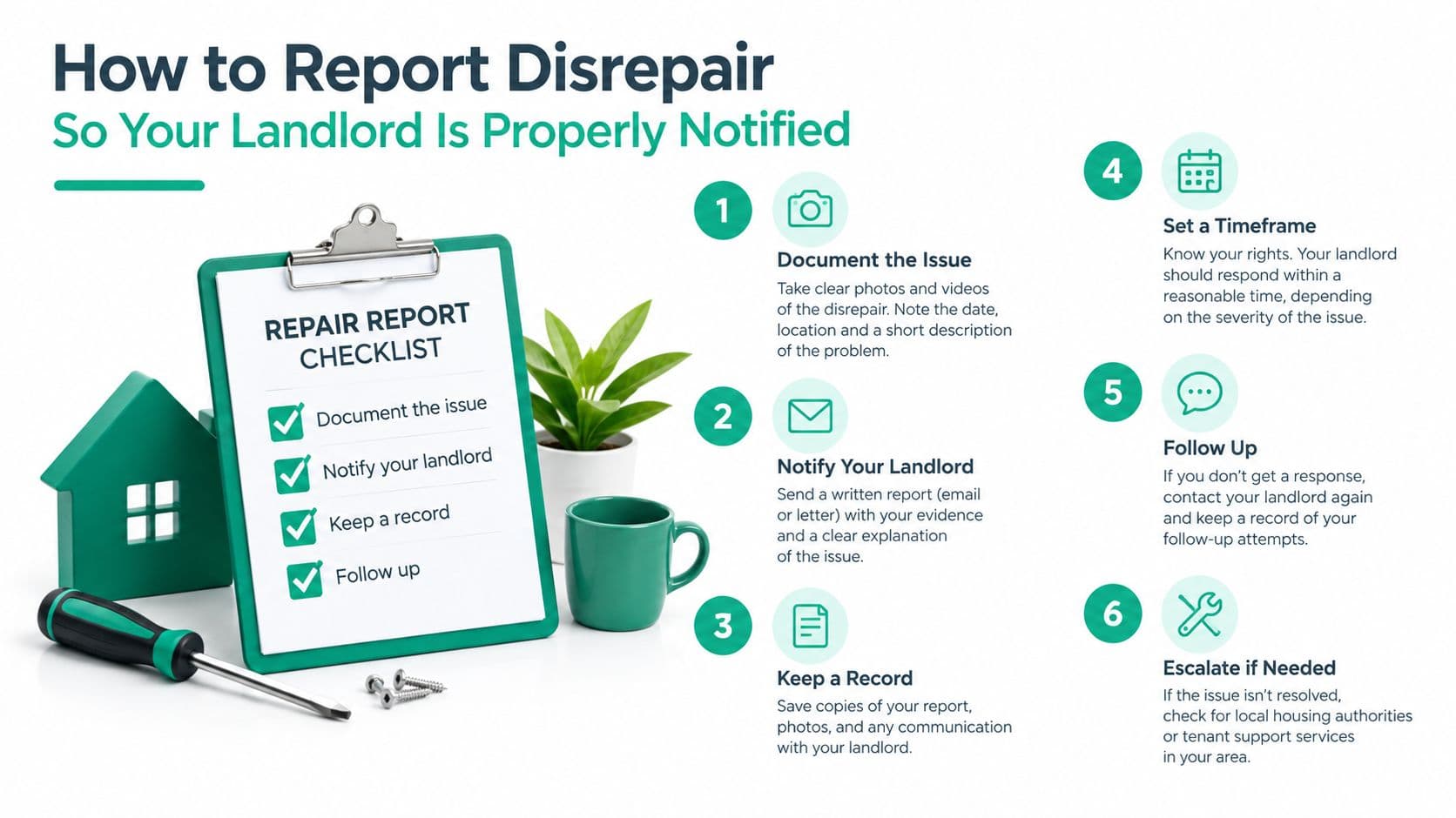 A six-step infographic for reporting disrepair to a landlord effectively