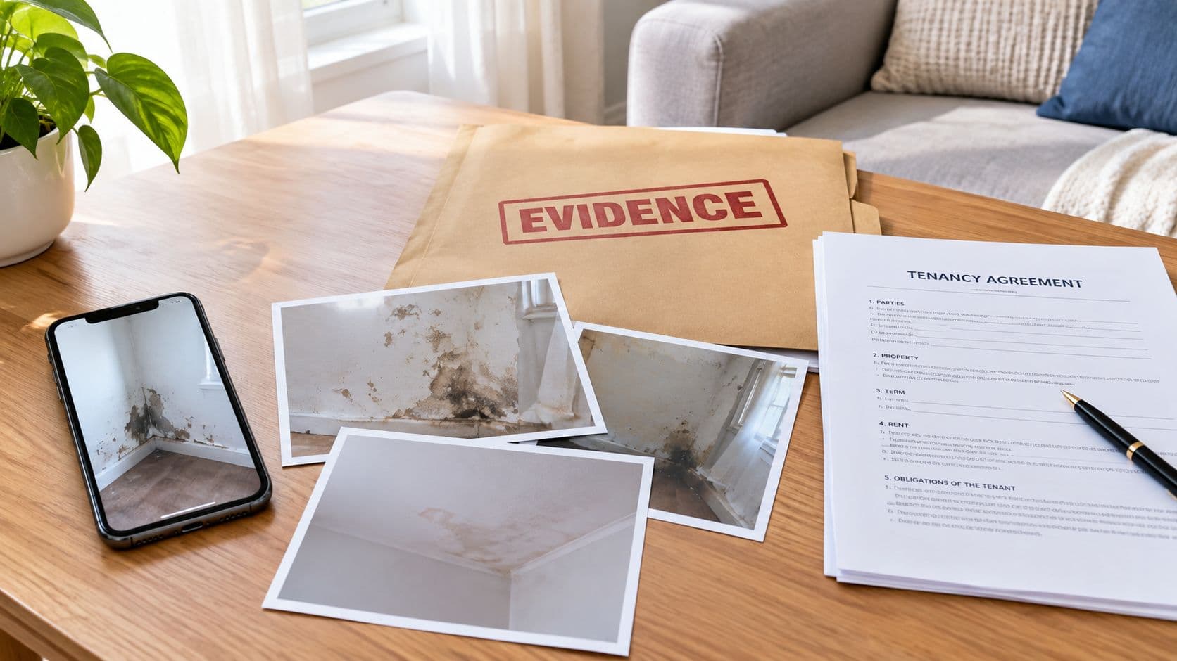 A table showing an evidence folder, photographs of black mould, a phone, and a tenancy agreement