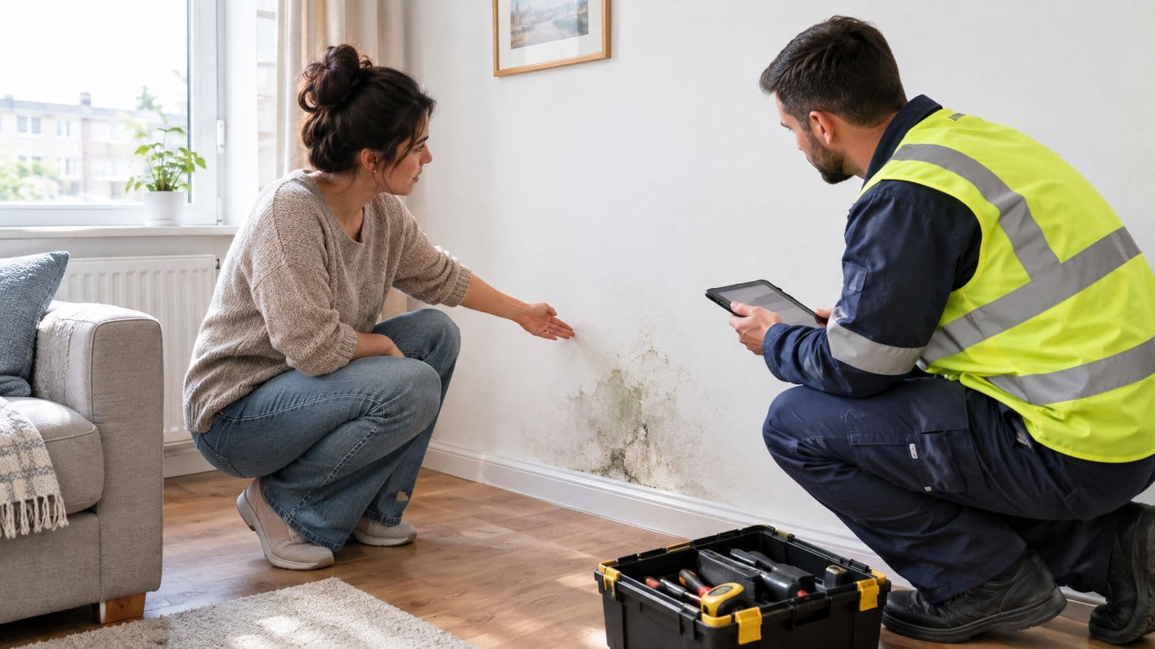 A council tenant pointing at mould on a wall while a maintenance worker holding a tablet inspects it