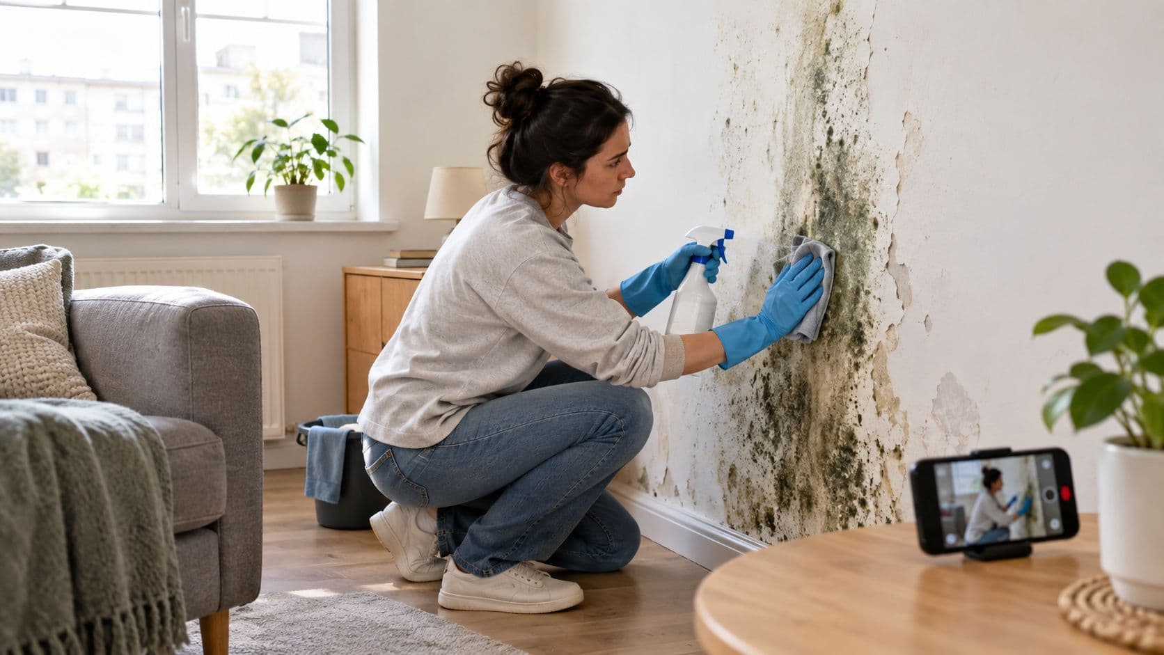 A woman wearing rubber gloves cleaning extensive black mould from a wall with a spray bottle in a social housing home