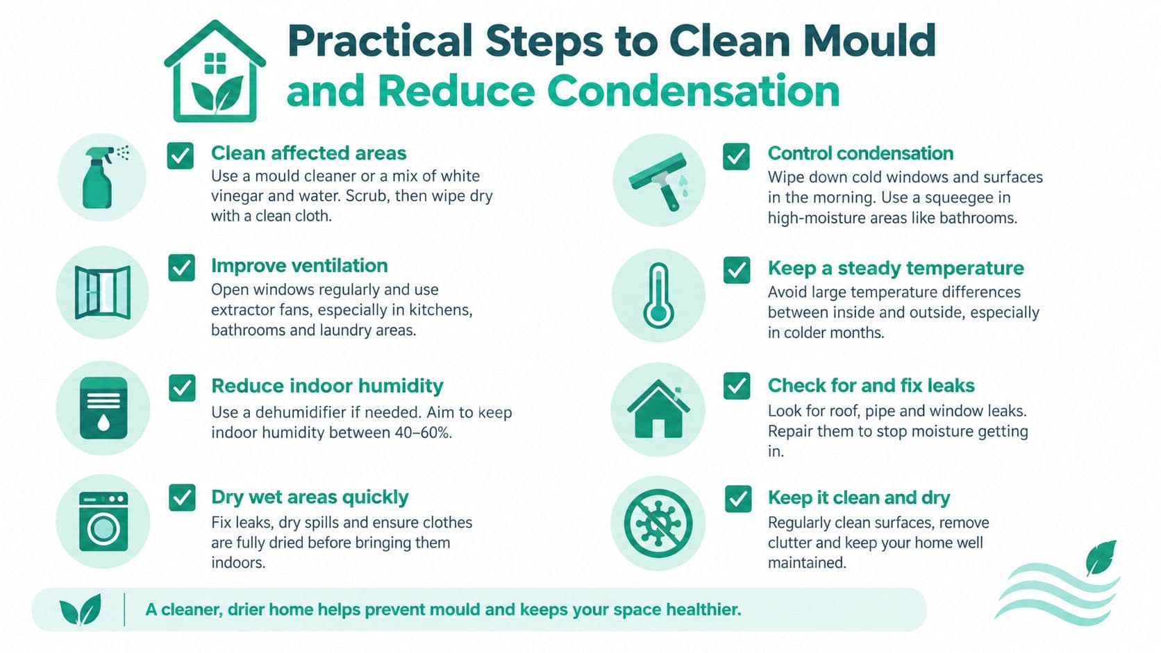 An infographic showing eight practical steps to clean mould and reduce condensation in a home