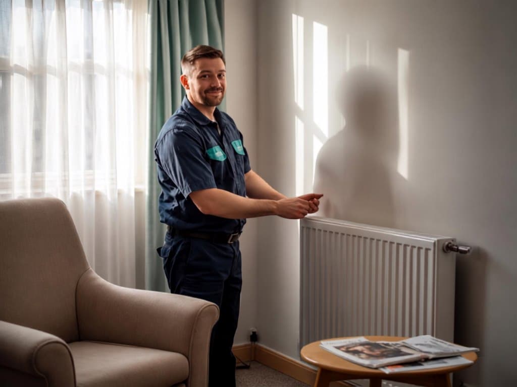 Heating engineer inspecting a radiator in a council or housing association property