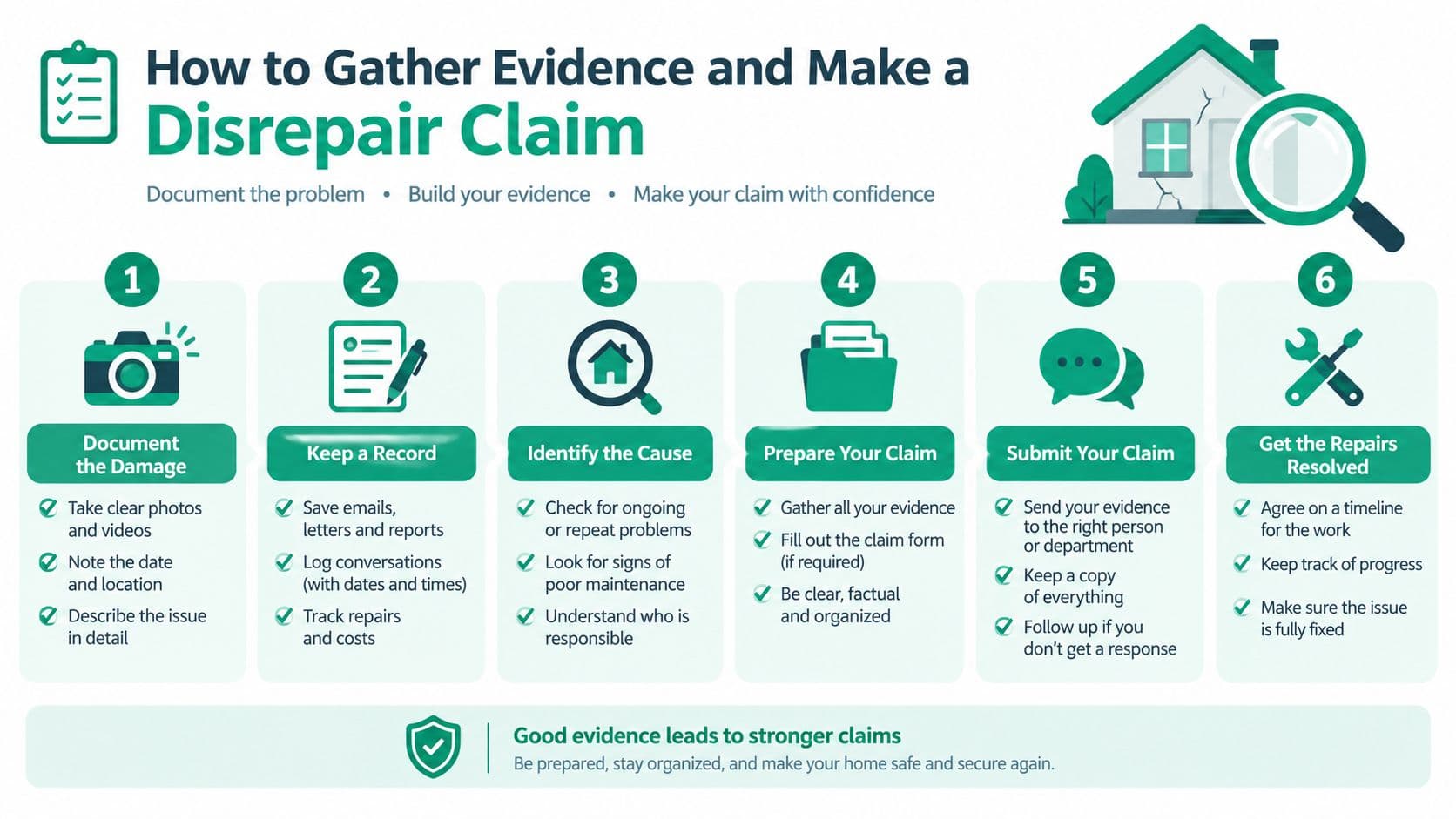 A step-by-step infographic titled How to Gather Evidence and Make a Disrepair Claim for housing
