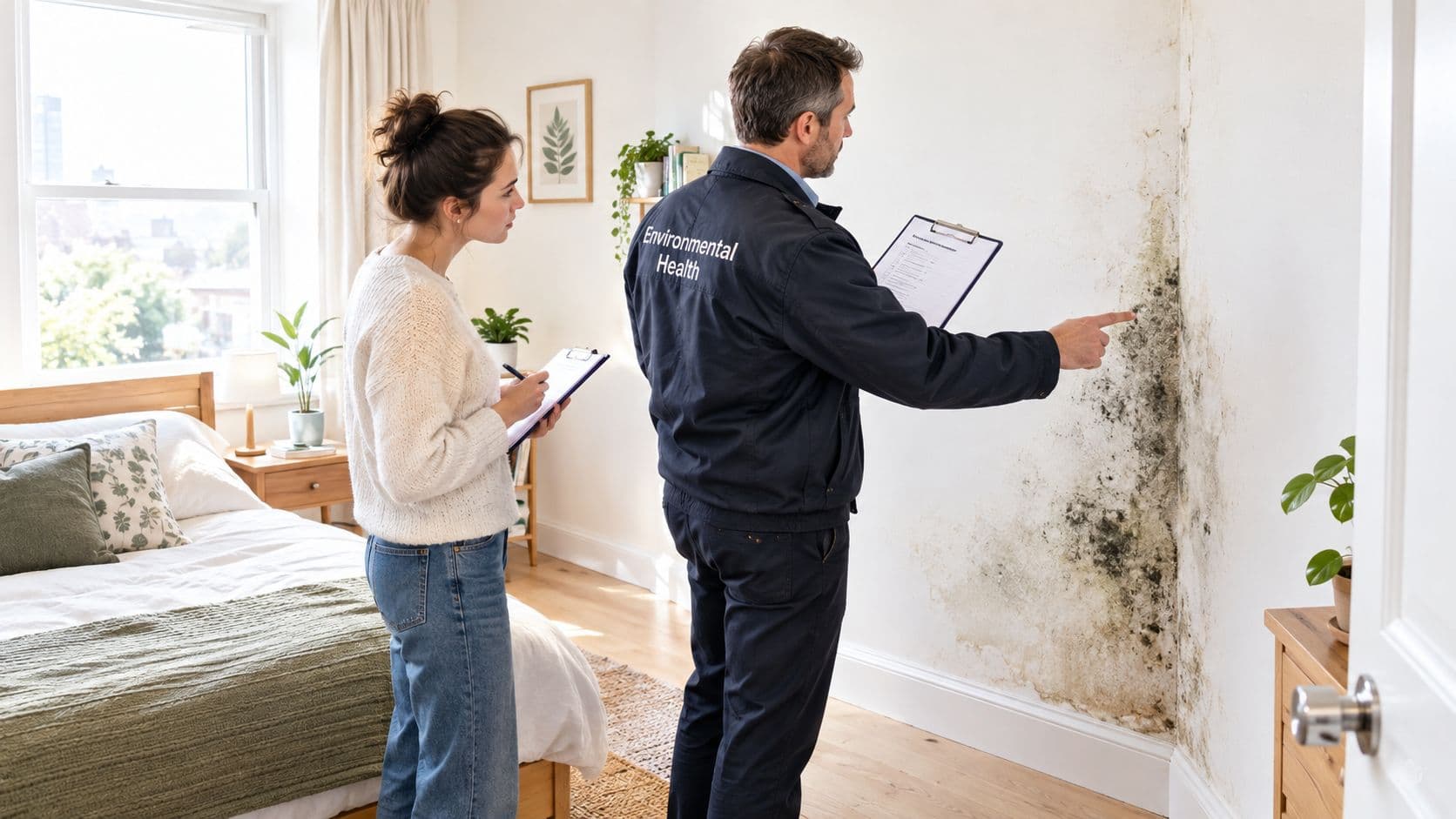 An environmental health officer and a tenant inspecting black mould on a bedroom wall