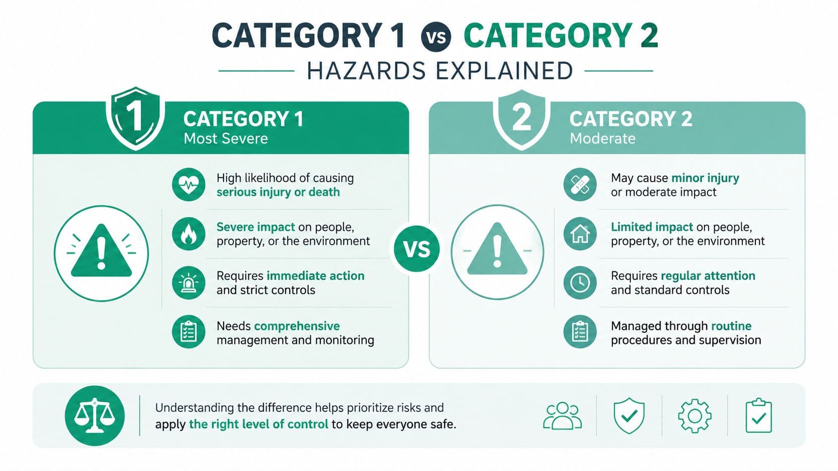 An infographic explaining the differences between Category 1 and Category 2 hazards regarding severity and required management