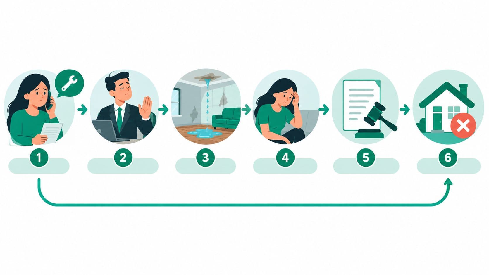 A diagram illustrating the process from a tenant repair request through landlord inaction, worsening conditions, and possible legal action