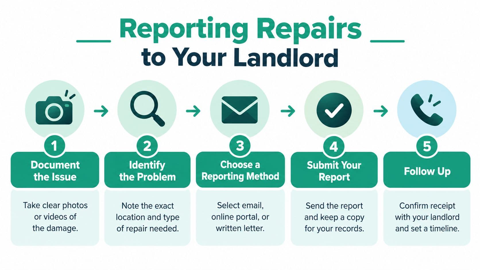 A five-step infographic showing how to report property repairs to a landlord