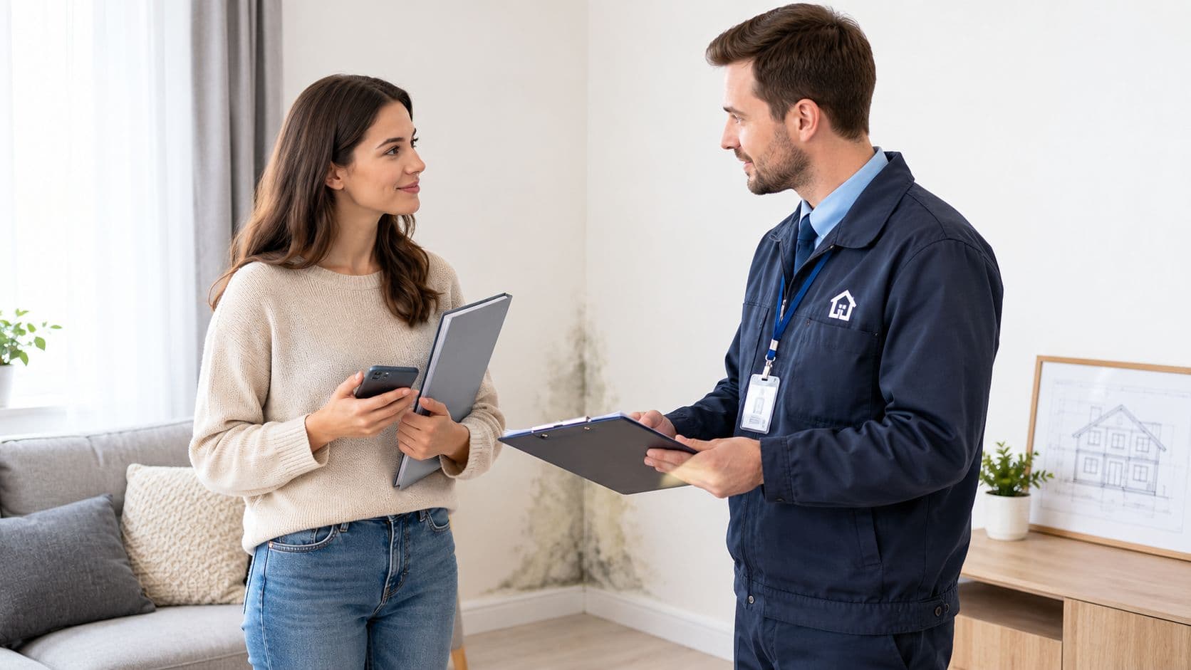 A housing association tenant speaking with a repairs officer beside mould on a living room wall