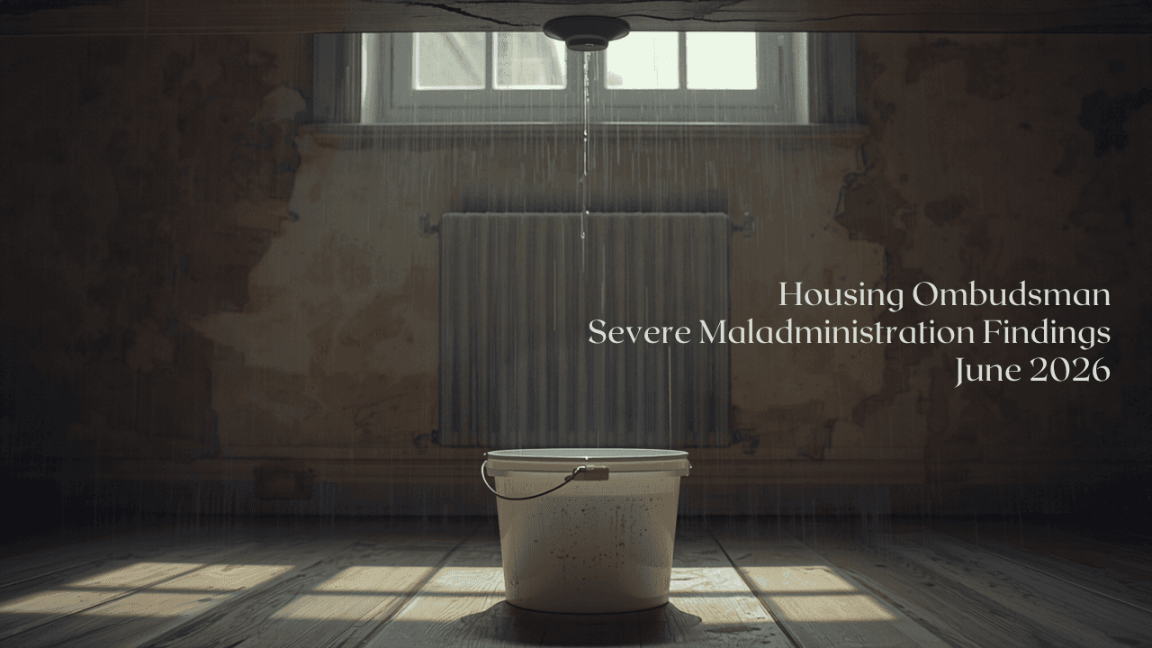 A bucket catching water from a leaking ceiling, with the caption Housing Ombudsman severe maladministration findings, June 2026