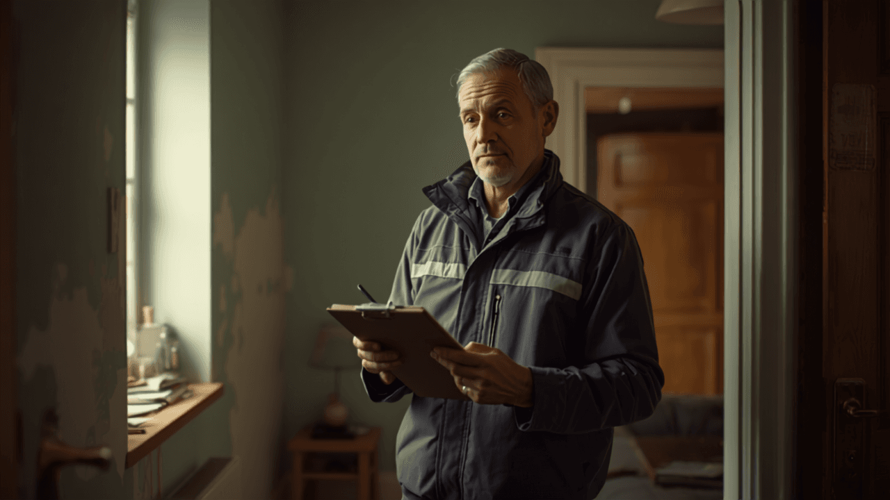 Middle-aged housing maintenance worker inspecting repairs in a UK home