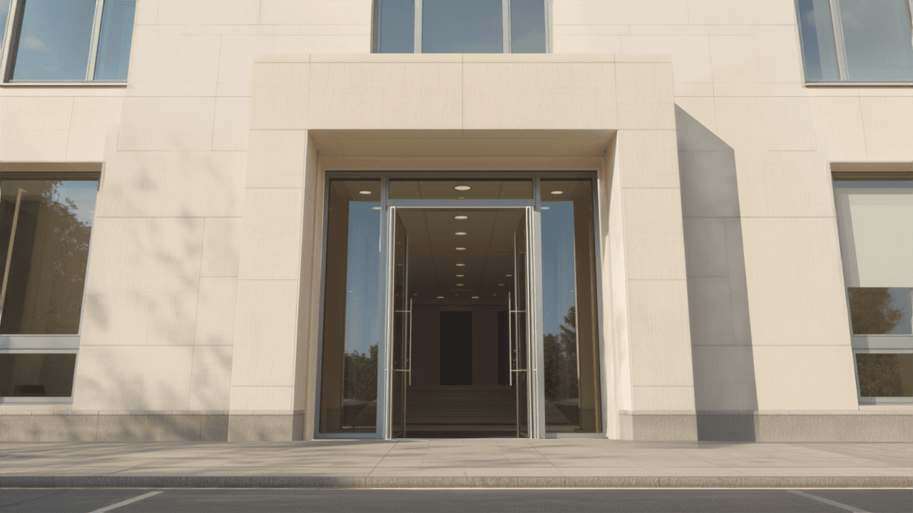 Modern UK government building exterior in daylight, Housing Ombudsman and public services