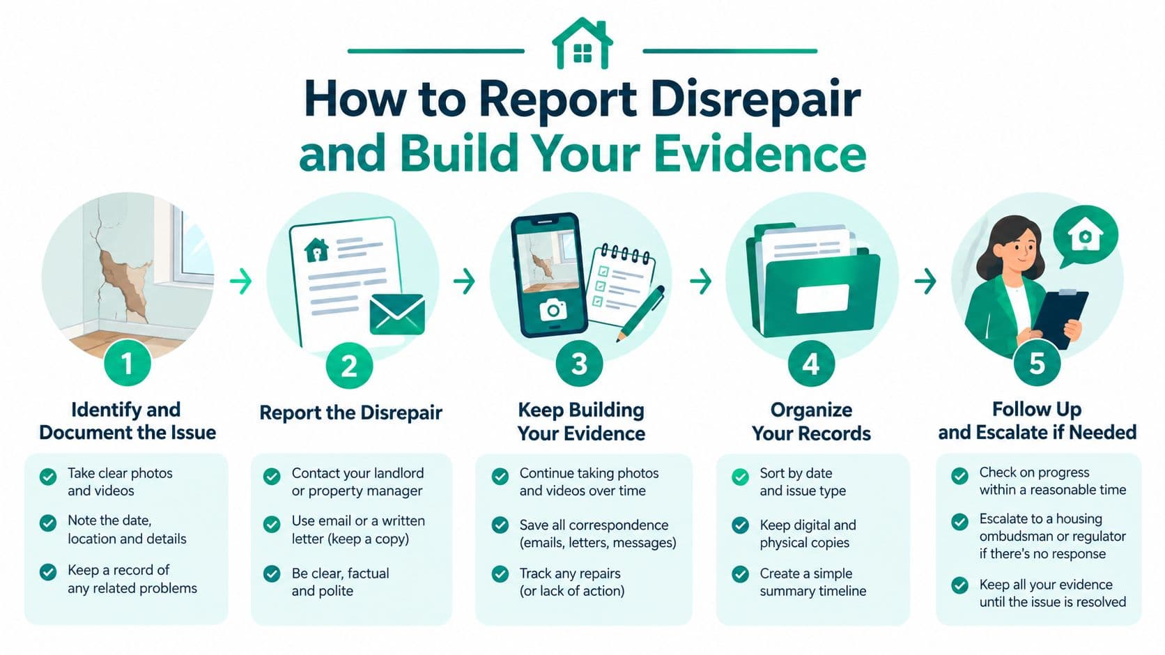 An infographic detailing five steps for tenants to report property disrepair and build a strong evidence file