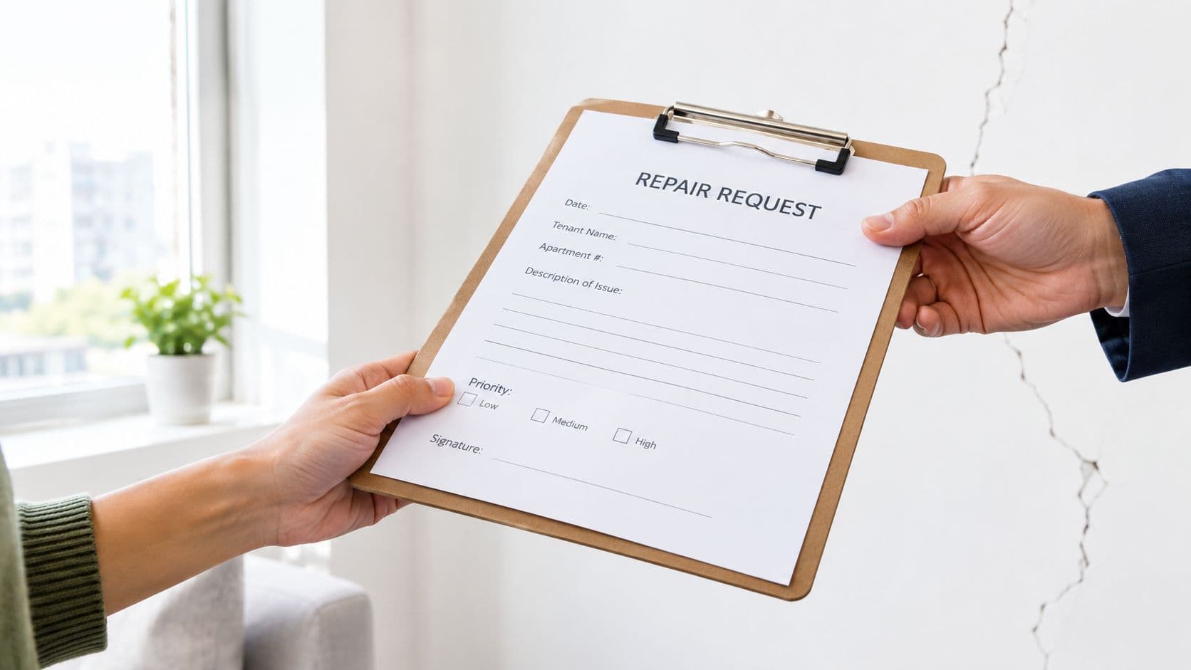 A tenant handing a repair request form to a landlord, with a cracked wall behind them