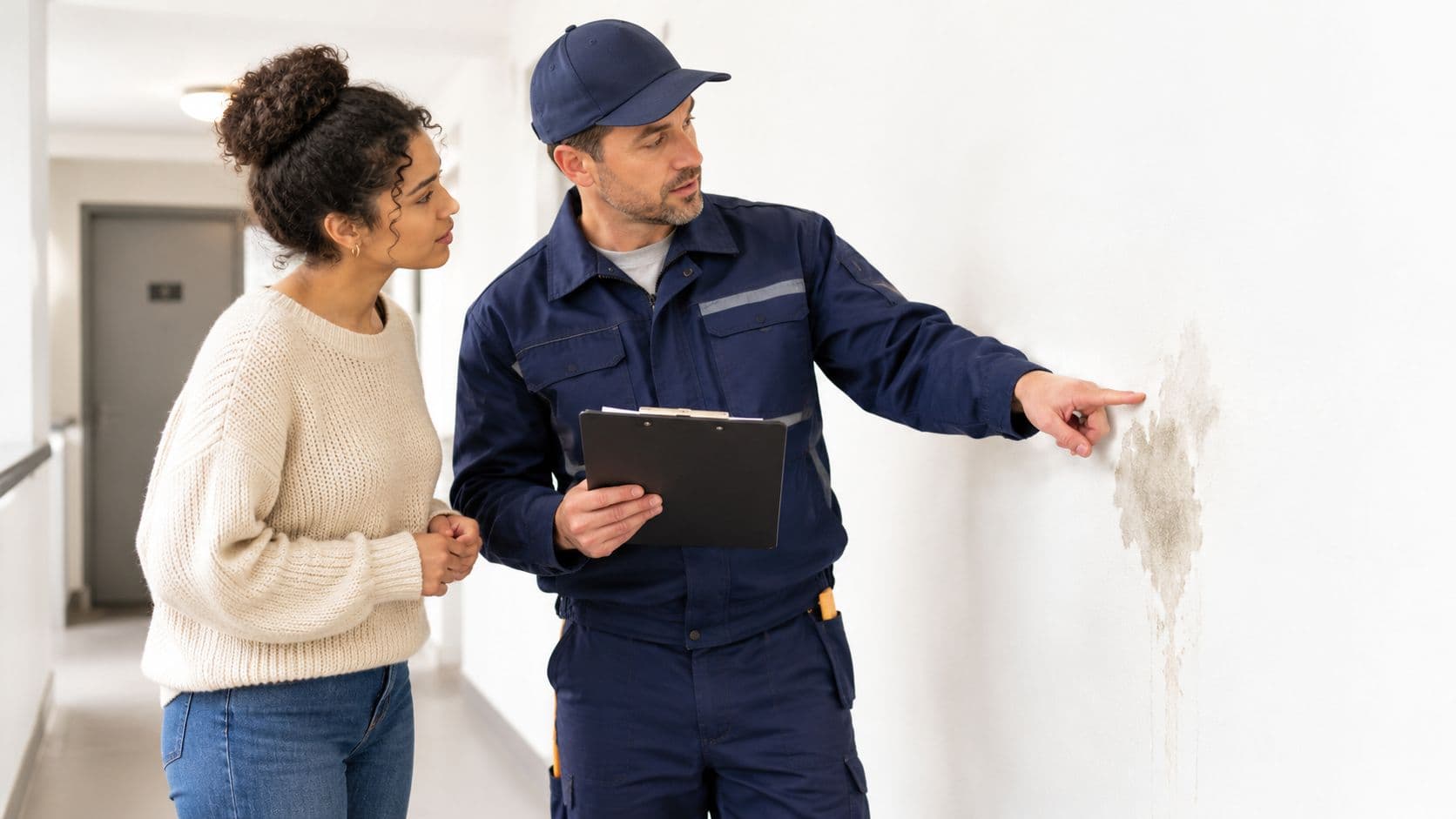 A housing inspector pointing at a damp patch on a wall while a tenant looks on