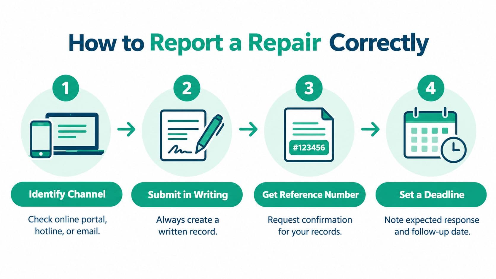 An infographic showing four steps to report a social housing repair effectively