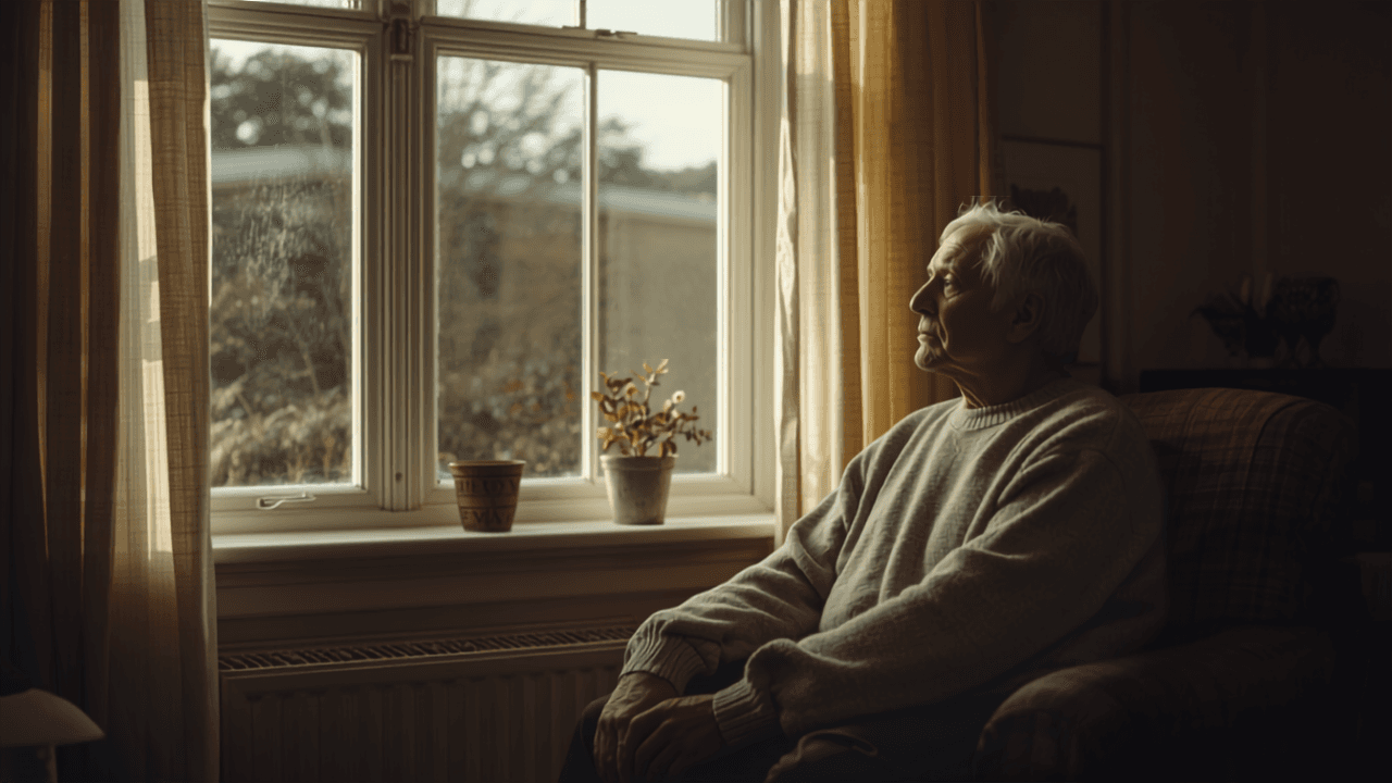 Thoughtful individual sitting by a window in warm light, coping with housing disrepair stress