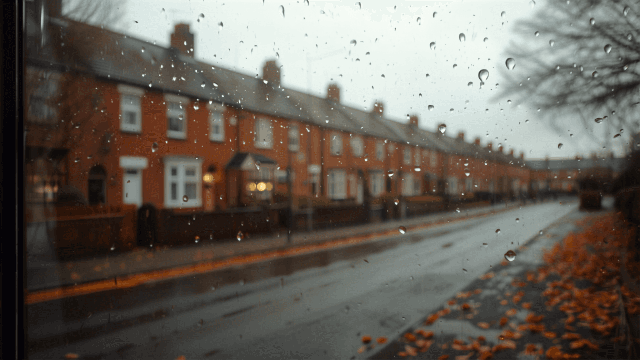 UK Residential Street Through Rainy Window