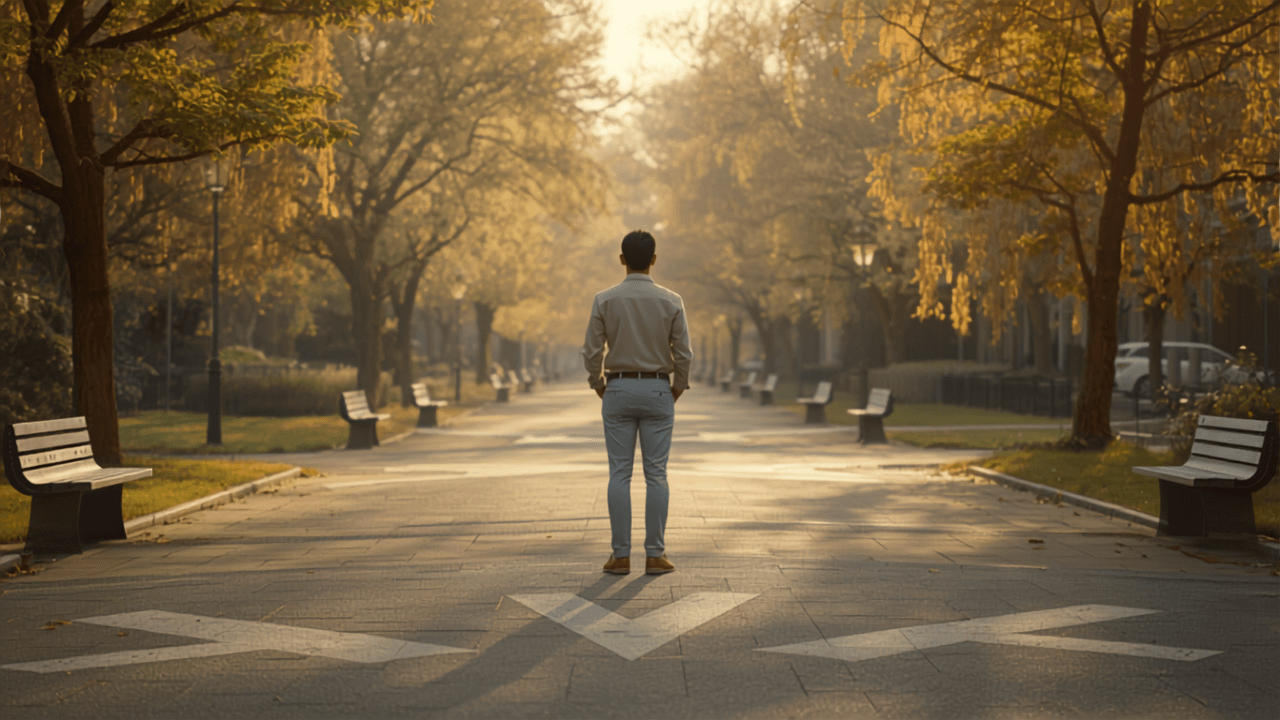 Contemplative figure at an urban park crossroads considering housing disrepair claim options