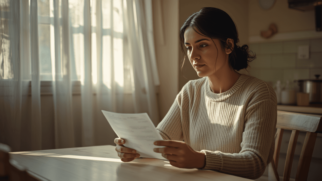 Woman sitting at a kitchen table reading a letter in natural light